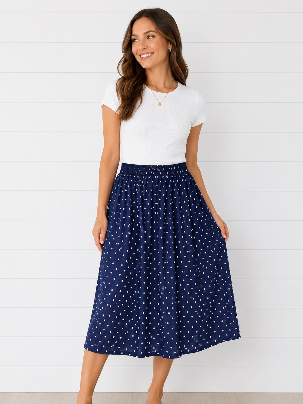 Vintage Sag Harbour Navy Polka Dot Midi Skirt - M